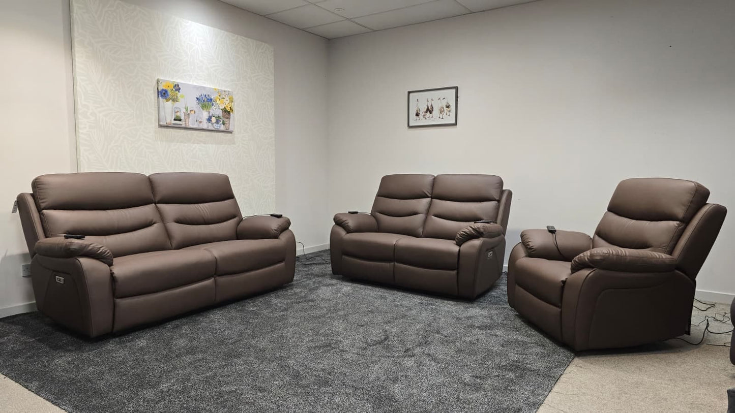 "Bertie" Brown Leather Electric Reclining Massage Sofa Range With Power Headrests & USB Charging Ports For Ultimate Comfort