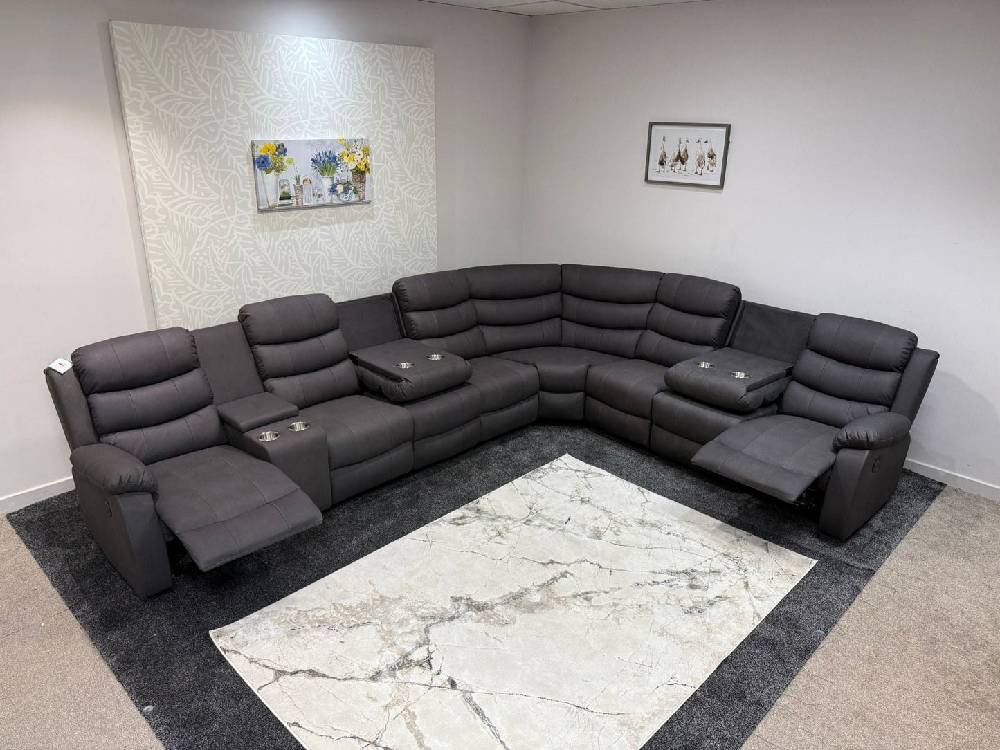 "Willow" Dark Grey Fabric 4C3C Recliner Corner Sofa | Drinks Tray Table | Easy Clean Fabric | Modular