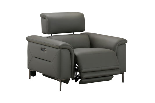 San Andreas Electric Recliner Grey Top Grain Leather Armchair / 1 Seater Sofa With Power Headrests & USB Charging Ports