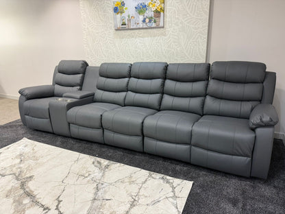 Lando Grey Leather 5 Seater Sofa With Drinks Console | Fold Down Tray Table, High Headrest & Seating Position Couch