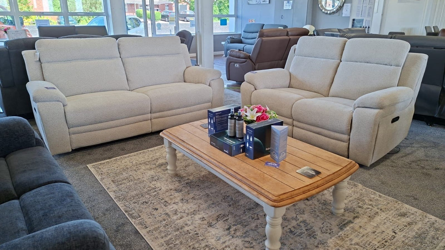 DFS Barratt Clearance Package -  Electric Reclining 3 Seater + 2 Seater Sofa Set in Ivory Fabric With USB Charging Ports