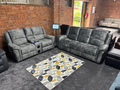 "GALAXY" Tech Grey ELECTRIC Plush Velour Velvet 3 + 2 Seater With Drinks Console Reclining Sofa Set Plus USB Charging Ports and drinks coolers cup holders