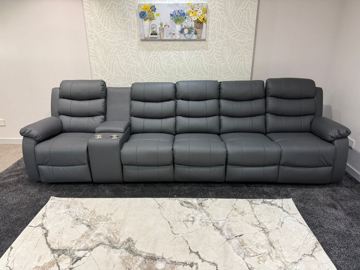 Lando Grey Leather 5 Seater Sofa With Drinks Console | Fold Down Tray Table, High Headrest & Seating Position Couch