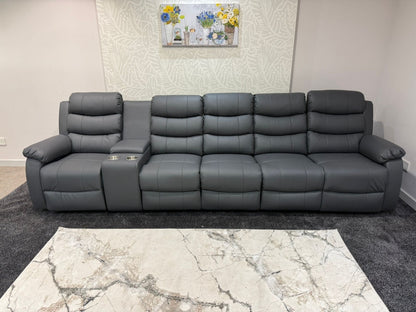 Lando Grey Leather 5 Seater Sofa With Drinks Console | Fold Down Tray Table, High Headrest & Seating Position Couch