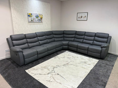 "Lando" Grey Leather 4C3 Recliner Corner Sofa Reversible | 2 x Drinks Tray Tables | Modular