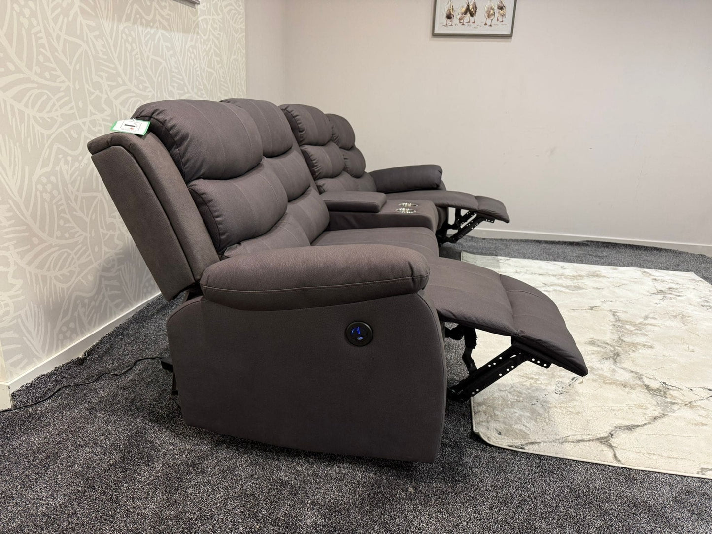 Willow Grey Easy Clean Fabric 4 Seater Sofa With Drinks Console - High Headrest & Seating Position Couch