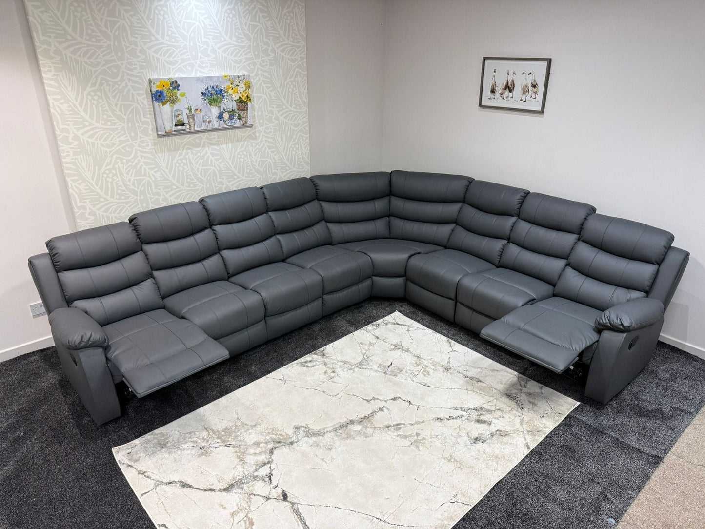 "Lando" Grey Leather 4C3 Recliner Corner Sofa Reversible | 2 x Drinks Tray Tables | Modular