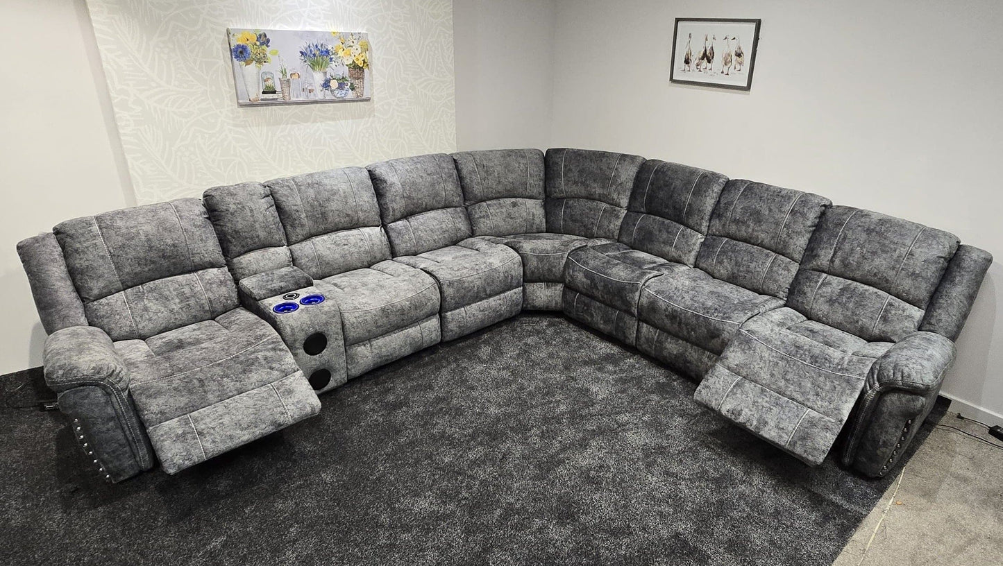 GALAXY Grey Plush Velvet Fabric Electric Reclining 3C3C Corner Sofa | Cooling Cupholders & USB Ports