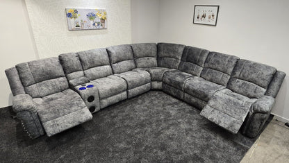 GALAXY Grey Plush Velvet Fabric Electric Reclining 3C3C Corner Sofa | Cooling Cupholders & USB Ports