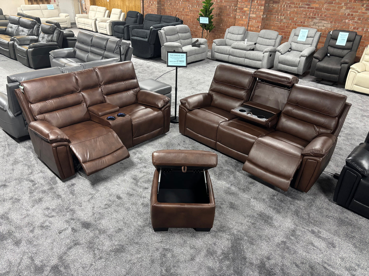 Donald Brown Leather Electric / Power Reclining 3 Seater + 2 Seater + Storage Footstool Sofa Set With USB Charging Ports & Drop Down Tray Table