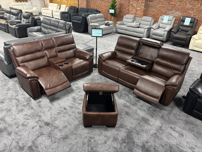 Donald Brown Leather Electric / Power Reclining 3 Seater + 2 Seater + Storage Footstool Sofa Set With USB Charging Ports & Drop Down Tray Table