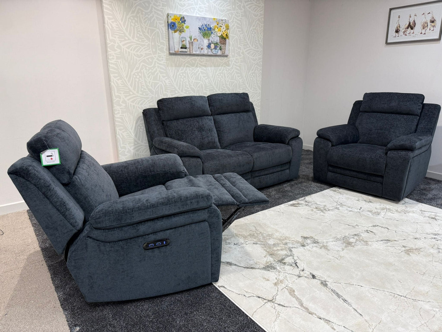 "Barre" Electric / Power Reclining Grey Fabric 2 Seater Sofa + 2 Armchairs Sofa Set - USB Charging Ports