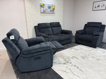 "Barre" Electric / Power Reclining Grey Fabric 2 Seater Sofa + 2 Armchairs Sofa Set - USB Charging Ports