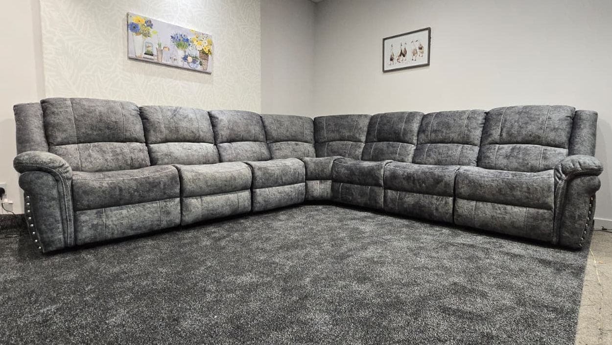 GALAXY Grey Plush Velvet Fabric Electric Reclining 3C3 Corner Sofa & USB Ports