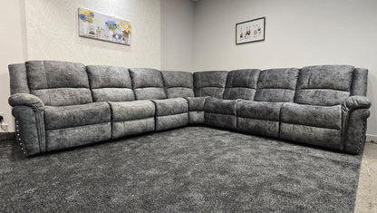 GALAXY Grey Plush Velvet Fabric Electric Reclining 3C3 Corner Sofa & USB Ports