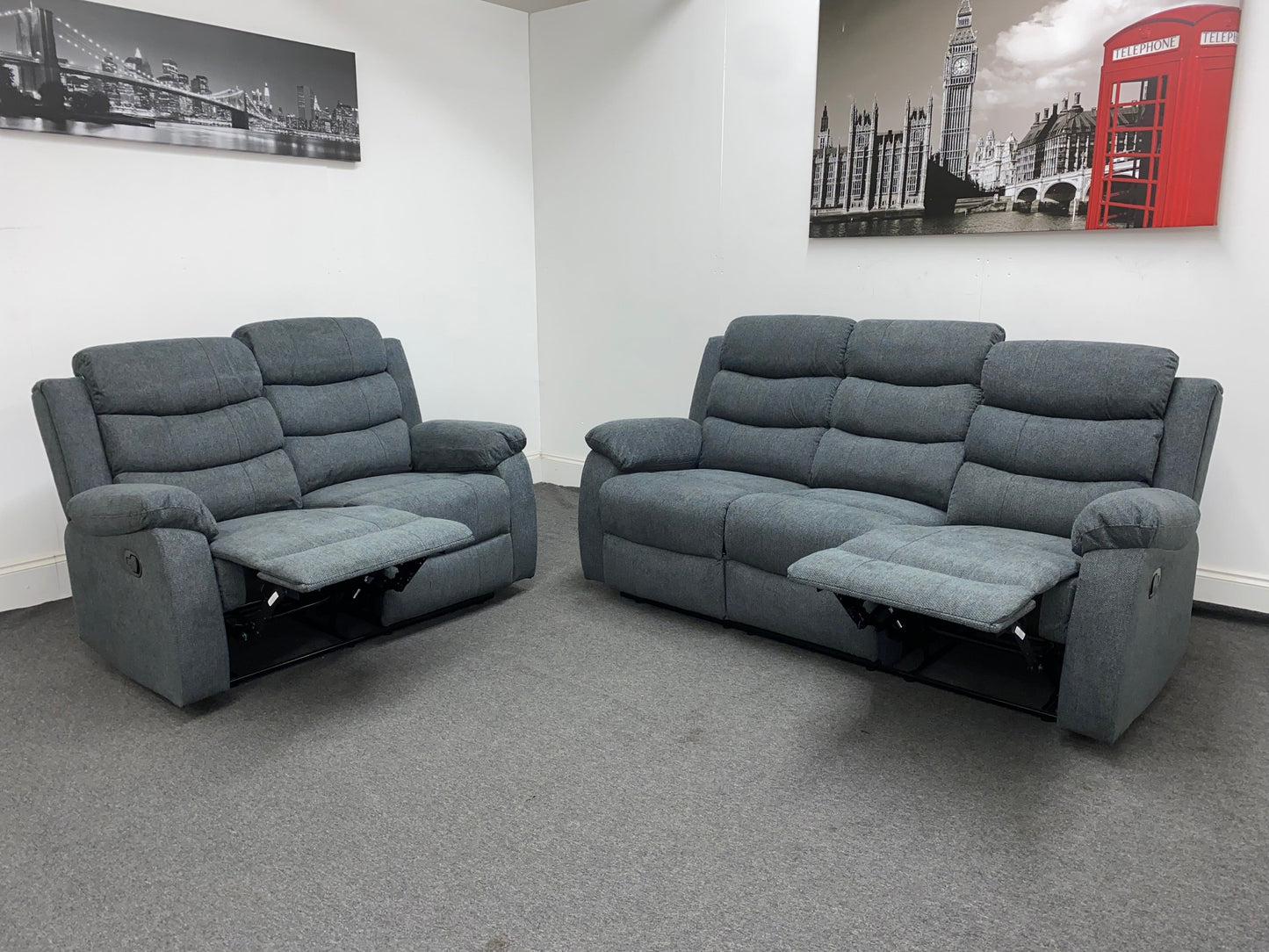 ‘Lewson’ Charcoal Grey Fabric Recliner 3 Seater + 2 Seater Sofa Set + Drinks Tray Table | Couch |