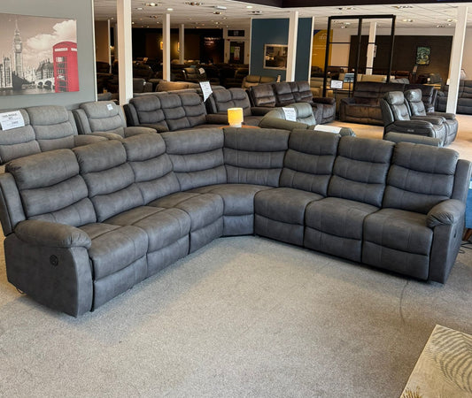 "Willow" Dark Grey Fabric 3C3 Recliner Corner Sofa | Drinks Tray Table | Easy Clean Fabric