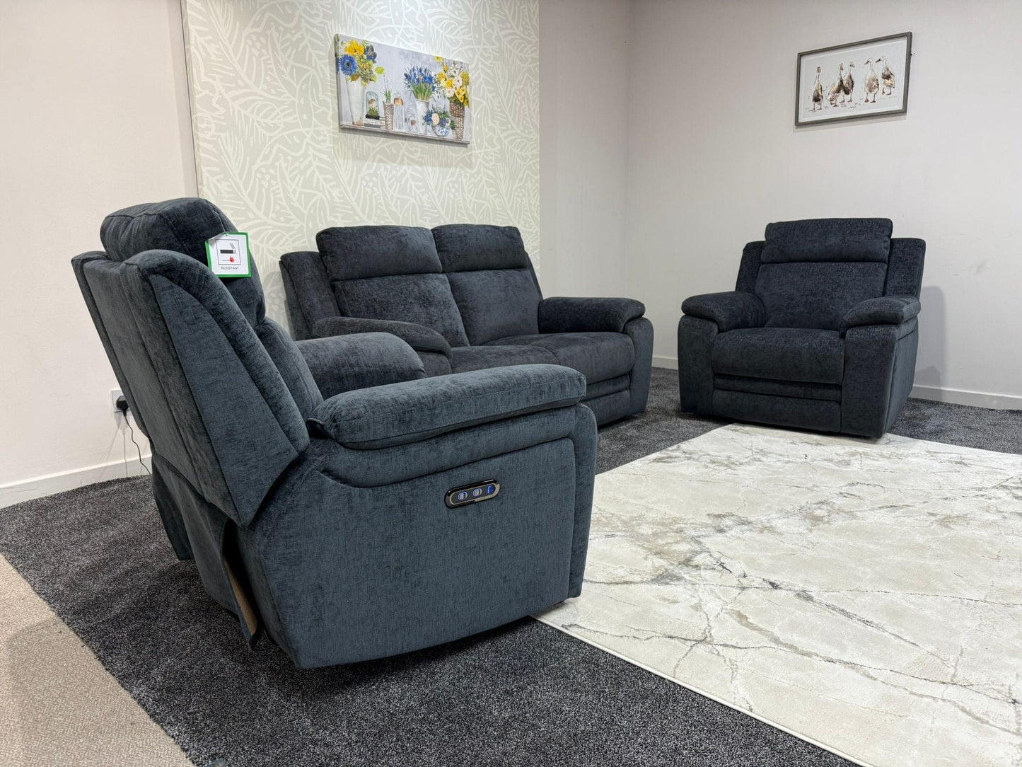 "Barre" Electric / Power Reclining Grey Fabric 2 Seater Sofa + 2 Armchairs Sofa Set - USB Charging Ports