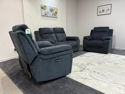 "Barre" Electric / Power Reclining Grey Fabric 2 Seater Sofa + 2 Armchairs Sofa Set - USB Charging Ports