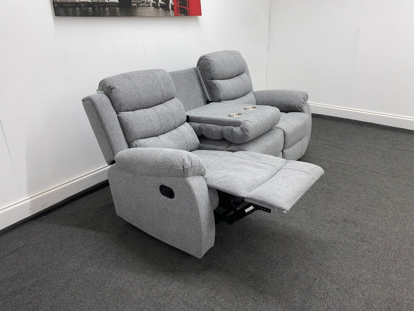 ‘Lewson’ Grey Fleck Fabric Recliner 3 + 1 + 1 Seater with Drinks Tray Table | Couch |