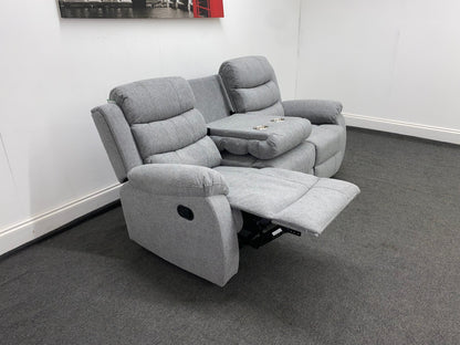 ‘Lewson’ Grey Fleck Fabric Recliner 3 + 1 + 1 Seater with Drinks Tray Table | Couch |