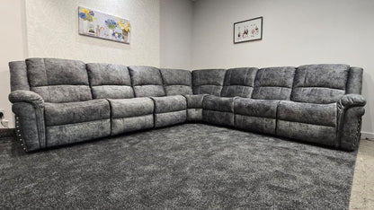 GALAXY Grey Plush Velvet Fabric Electric Reclining 3C3 Corner Sofa & USB Ports