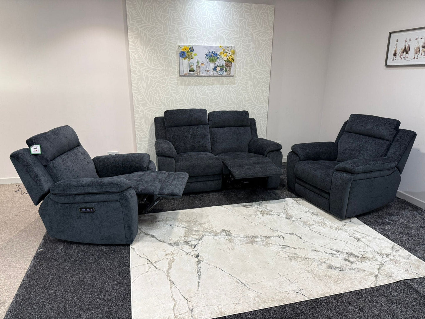 "Barre" Electric / Power Reclining Grey Fabric 2 Seater Sofa + 2 Armchairs Sofa Set - USB Charging Ports