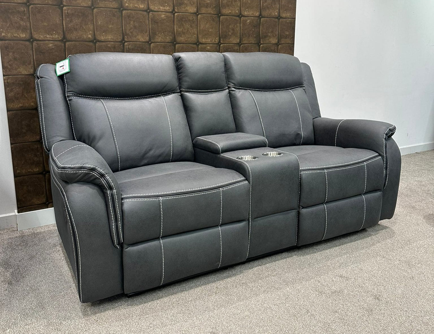 " Mason " Grey Microfibre Fabric 2 Seater With Drinks Console Electric / Power Recliner Sofa Suite + USB Ports