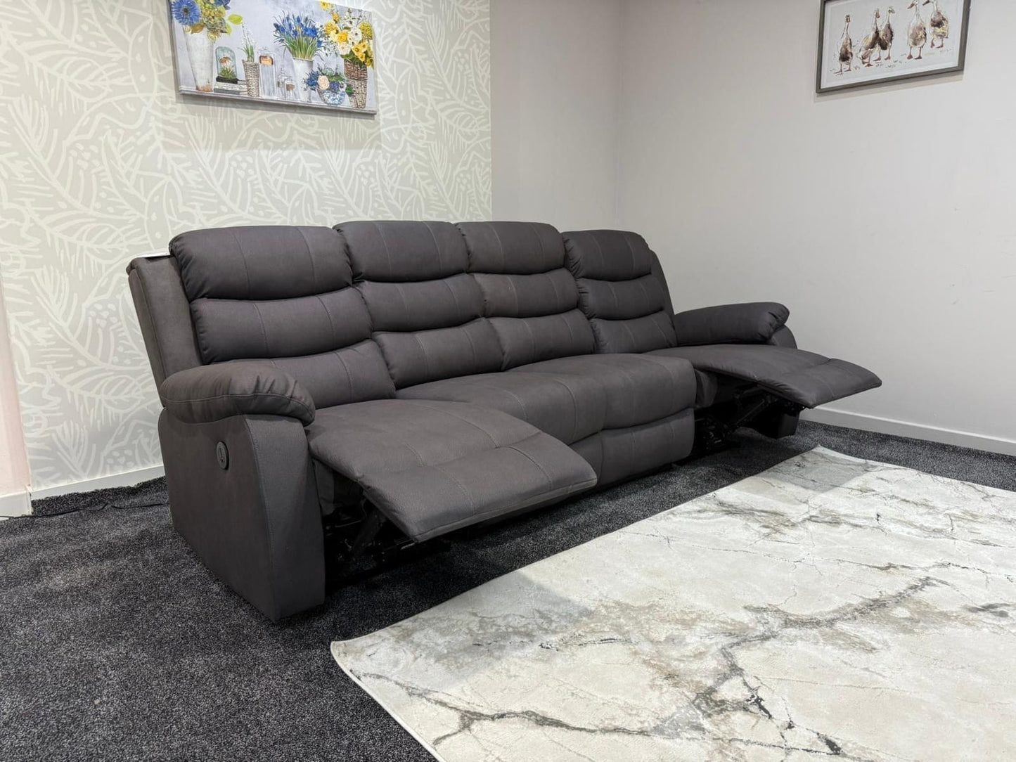 Willow Grey Easy Clean Fabric 4 Seater Sofa | Fold Down Tray Table, High Headrest & Seating Position Couch