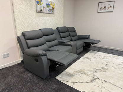 Lando Grey Leather 4 Seater Sofa With Drinks Console | Fold Down Tray Table, High Headrest & Seating Position Couch