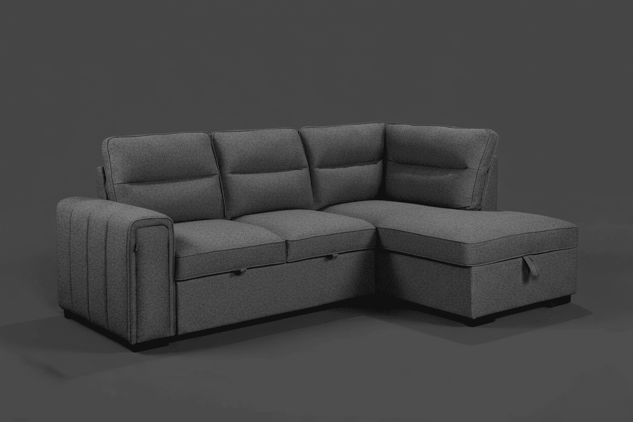 (Back in stock 15th August) 'Musk' Dark Grey Fabric Right Hand Facing Corner Sofa Bed With Storage & Drinks Holder