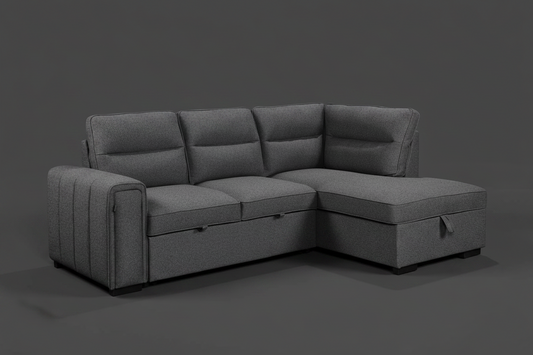 (Back in stock 15th August) 'Musk' Dark Grey Fabric Right Hand Facing Corner Sofa Bed With Storage & Drinks Holder