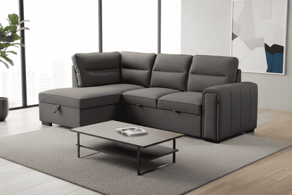 (Back in stock 15th August) 'Musk' Dark Grey Fabric Left Hand Facing Corner Sofa Bed With Storage & Drinks Holder