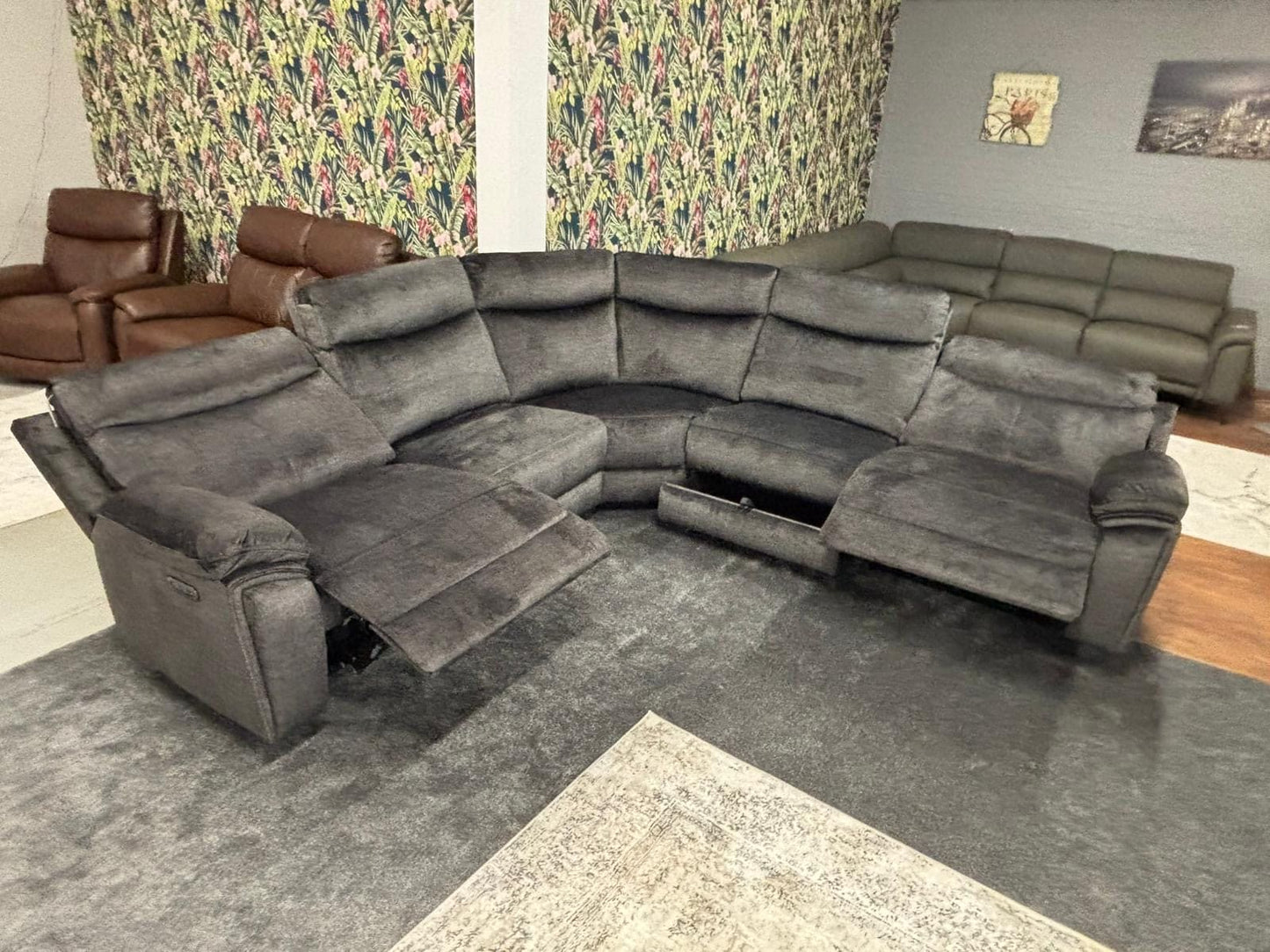 "Trek" Grey Plush Fabric Power Recliner Corner Sofa With USB Charging Ports, Drinks Cooling Cup Holders Plus Many More Modern Features