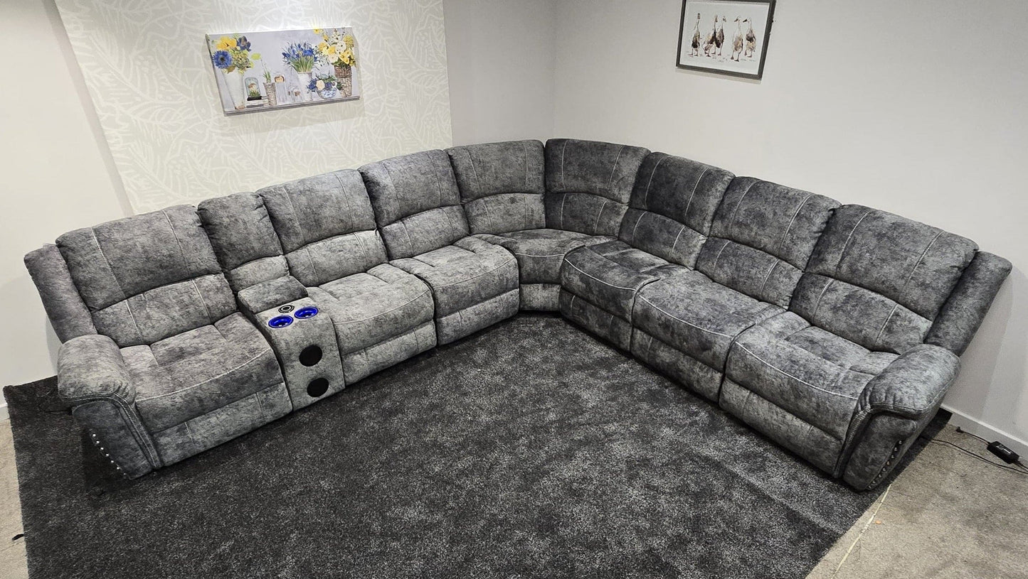GALAXY Grey Plush Velvet Fabric Electric Reclining 3C3C Corner Sofa | Cooling Cupholders & USB Ports