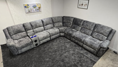 GALAXY Grey Plush Velvet Fabric Electric Reclining 3C3C Corner Sofa | Cooling Cupholders & USB Ports