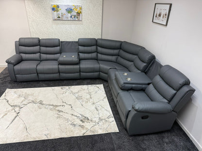 "Lando" Grey Leather 4C3 Recliner Corner Sofa Reversible | 2 x Drinks Tray Tables | Modular