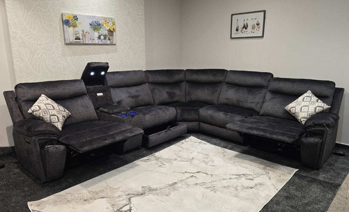 "Xavier" 2c2c Grey Plush Fabric Power Recliner Corner Sofa With USB Charging Ports & Cinema Drinks Console