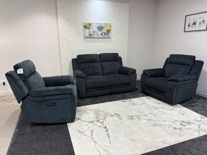 "Barre" Electric / Power Reclining Grey Fabric 2 Seater Sofa + 2 Armchairs Sofa Set - USB Charging Ports