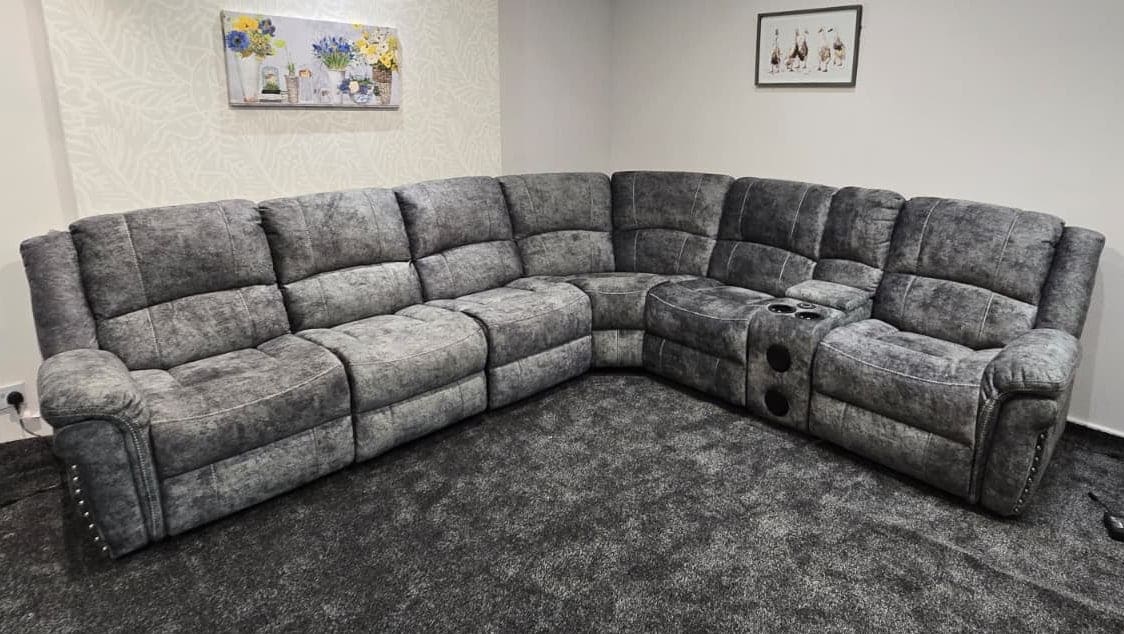 GALAXY Grey Plush Velvet Fabric Electric Reclining 3C2C Corner Sofa, Drinks Coolers & USB Ports