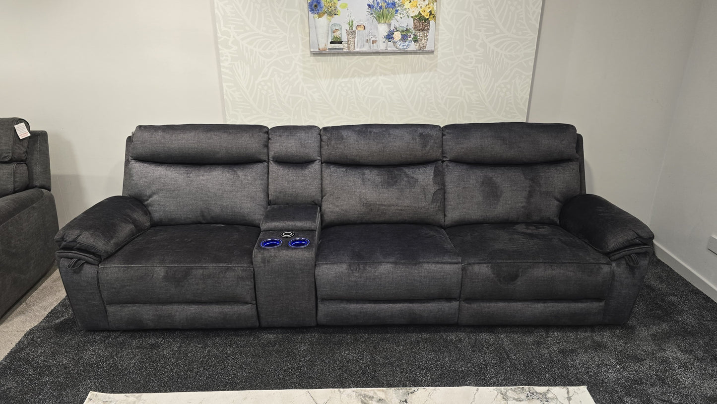 "Xavier" Reversible 5 Seater Cinema Sofa Grey Plush Fabric With Power Recliners, USB Charging Ports, Wireless Charging & Drinks Cooling Cup Holders. Laf + RAF + Armless + Tech Console