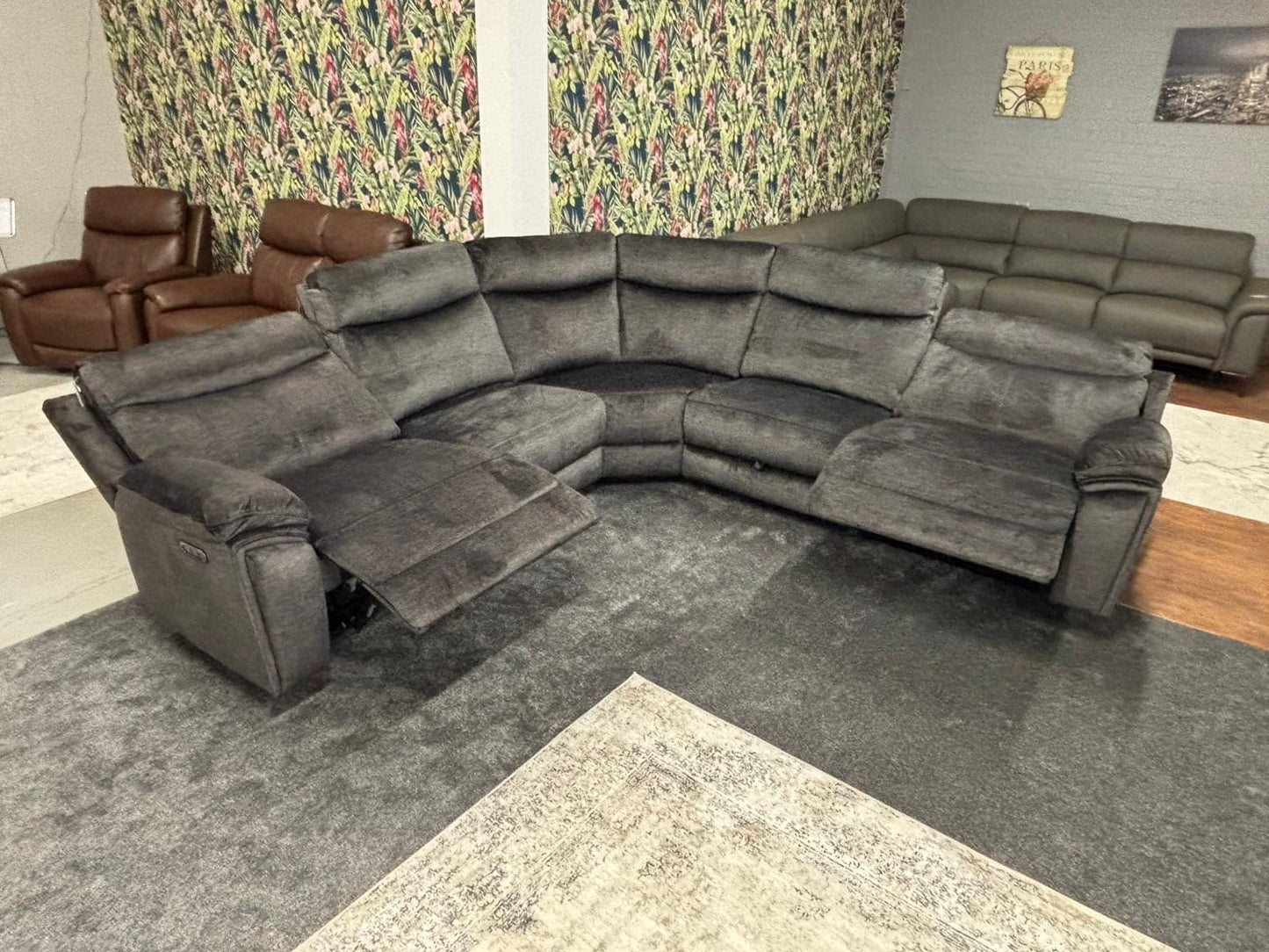 "Trek" Grey Plush Fabric Power Recliner Corner Sofa With USB Charging Ports, Drinks Cooling Cup Holders Plus Many More Modern Features