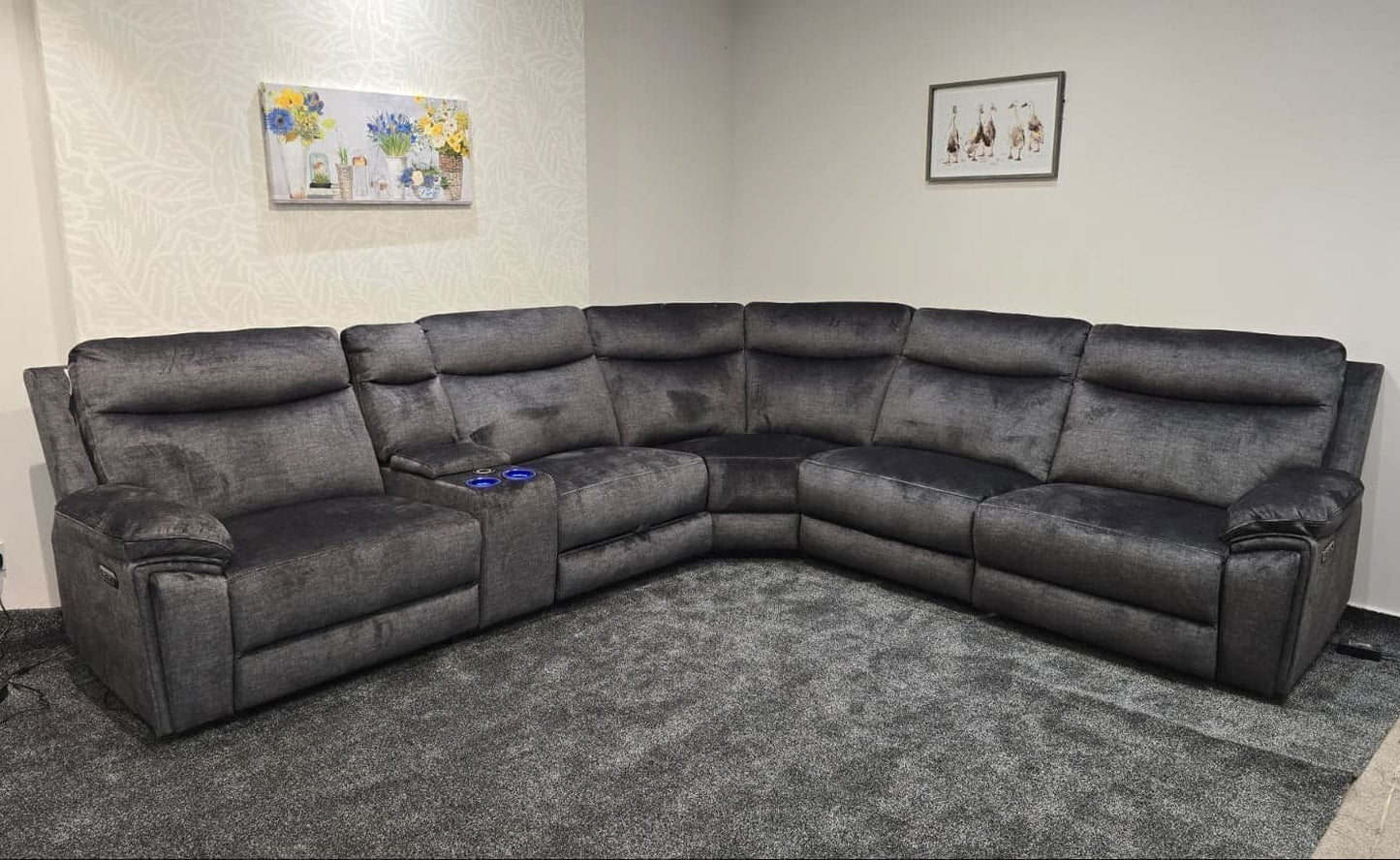 "Xavier" 2c2c Grey Plush Fabric Power Recliner Corner Sofa With USB Charging Ports & Cinema Drinks Console