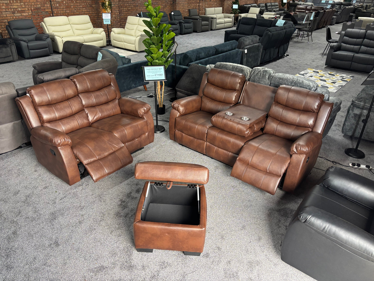Lando Brown Leather 3 Seater + 2 Seater + Storage Footstool Reclining Sofa Set | Drinks Tray Table | High Backrests | 2 Stage Reclining | Couch |