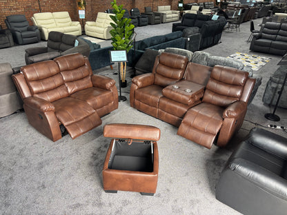 Lando Brown Leather 3 Seater + 2 Seater + Storage Footstool Reclining Sofa Set | Drinks Tray Table | High Backrests | 2 Stage Reclining | Couch |