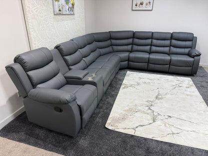 "Lando" Grey Leather 4C3C Recliner Corner Sofa Reversible | 2 x Drinks Tray Table | Modular