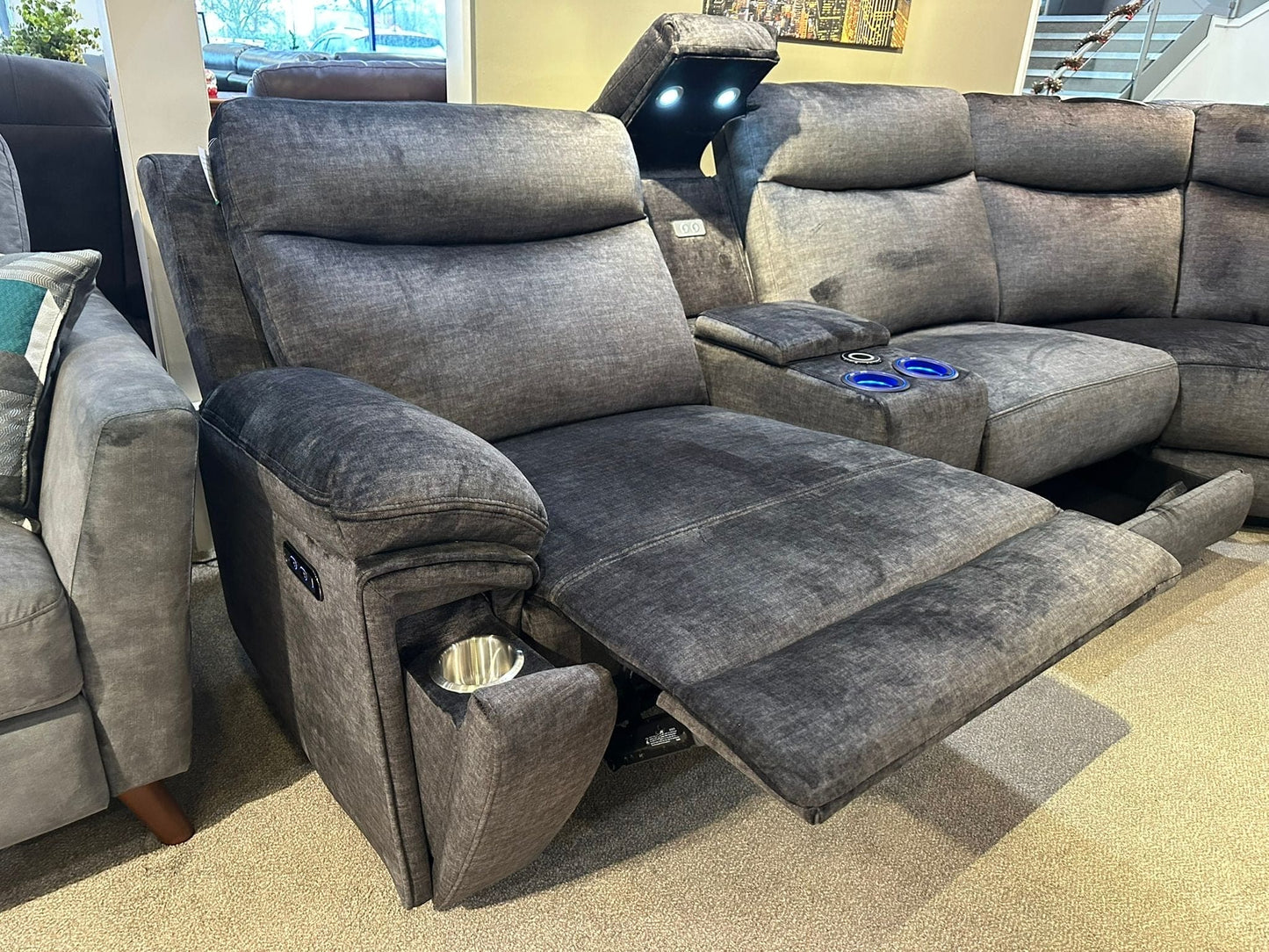 "Trek" 2c2c Grey Plush Fabric Power Recliner Corner Sofa With USB Charging Ports & Cinema Drinks Console