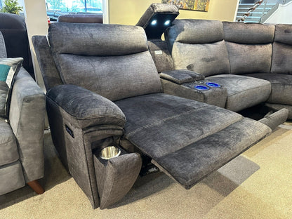 "Trek" 2c2c Grey Plush Fabric Power Recliner Corner Sofa With USB Charging Ports & Cinema Drinks Console
