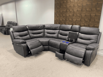Cinema LHF Corner Sofa | Power Headrests | Drinks Coolers | Wireless Charging | Bluetooth Speakers | Express Smart Tech Grey Fabric Power Recliner Corner Sofa