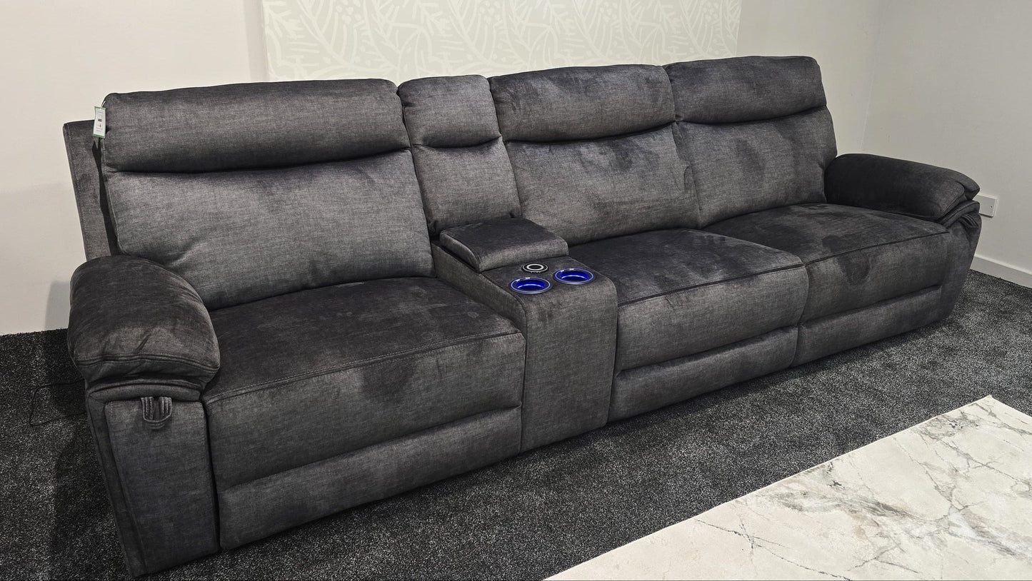 "Xavier" Reversible 5 Seater Cinema Sofa Grey Plush Fabric With Power Recliners, USB Charging Ports, Wireless Charging & Drinks Cooling Cup Holders. Laf + RAF + Armless + Tech Console
